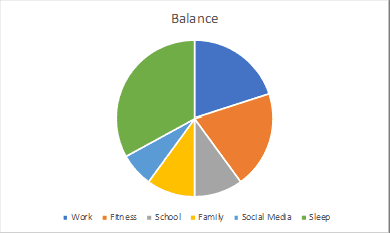 Pie chart of a full day with eight hours of sleep added to work, fitness, school, family and social media