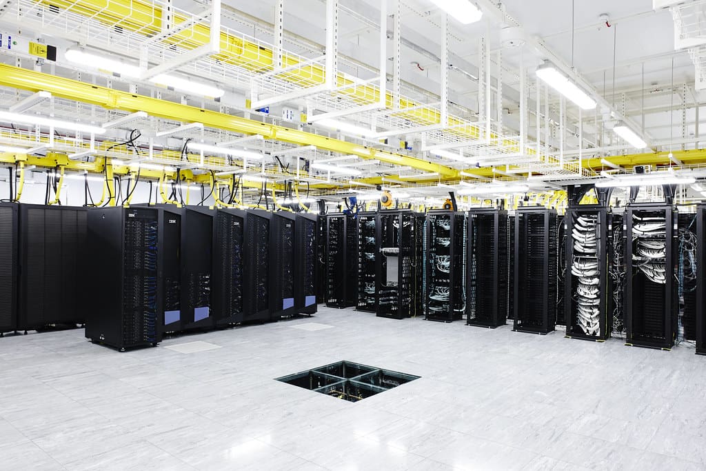 Rows of server racks in a cloud data center