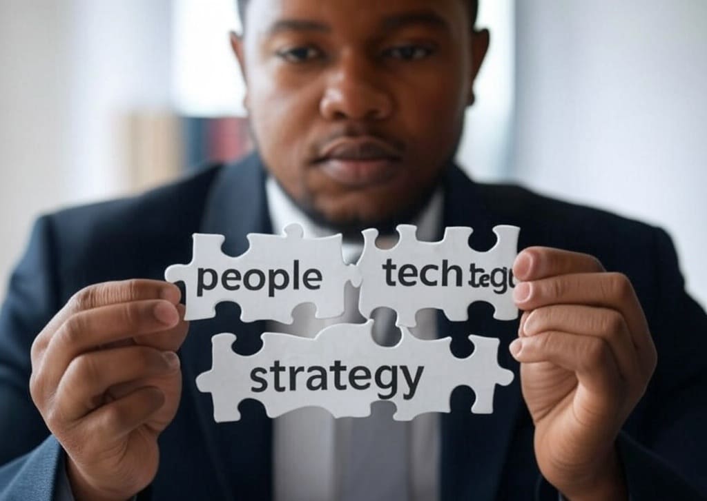 Puzzle pieces labeled people, tech and strategy held together